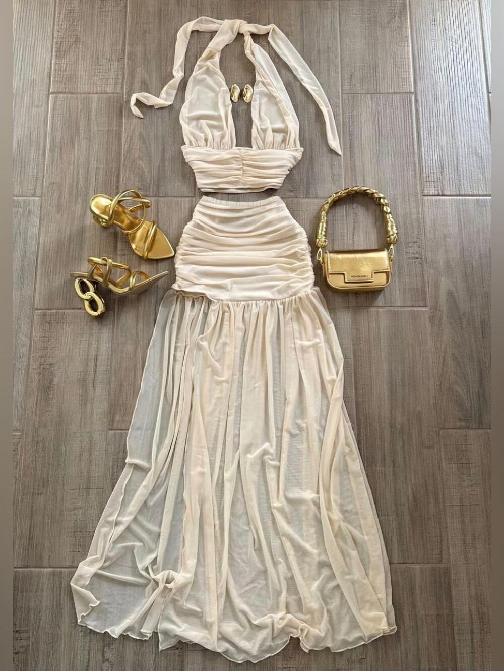 2pcs Halter Neck Tank Top And Split Hem Half Backless Long Dress
